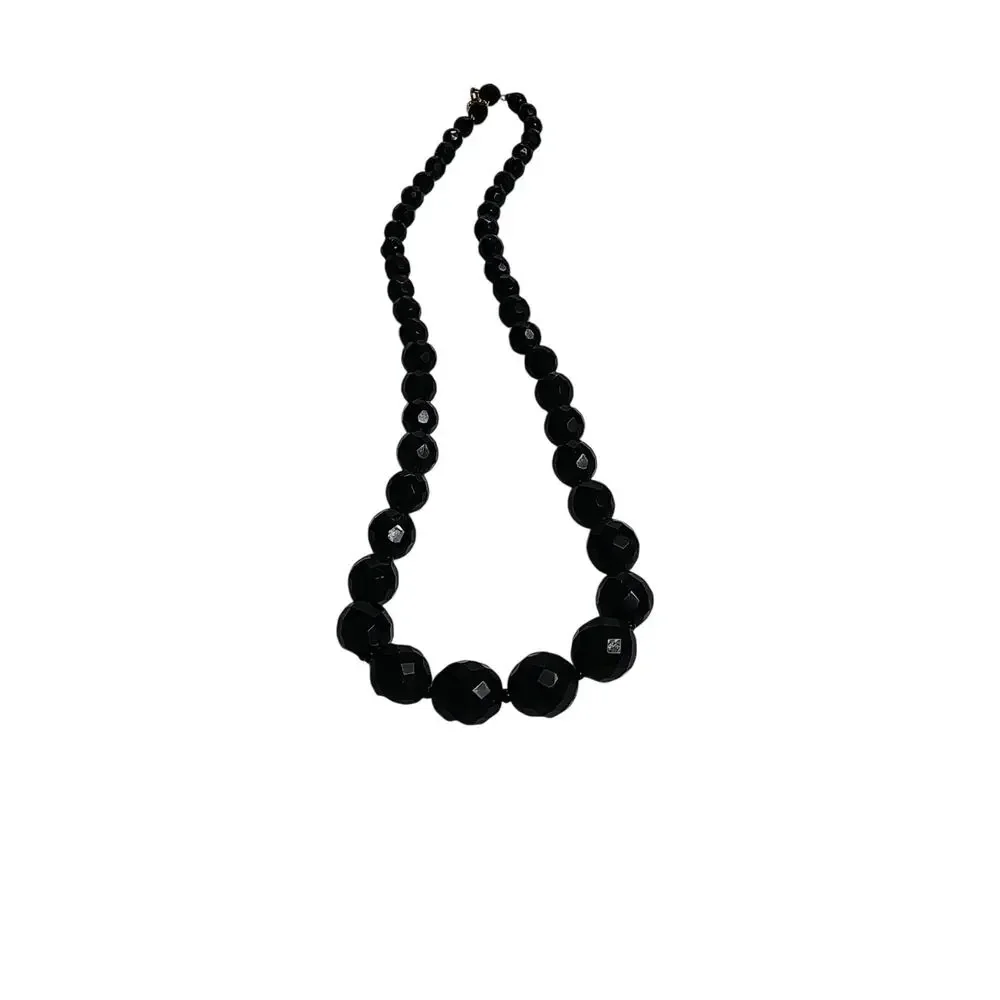 Black Beveled Glass Beaded Vintage Single Strand Necklace Spring Clasp Closurep